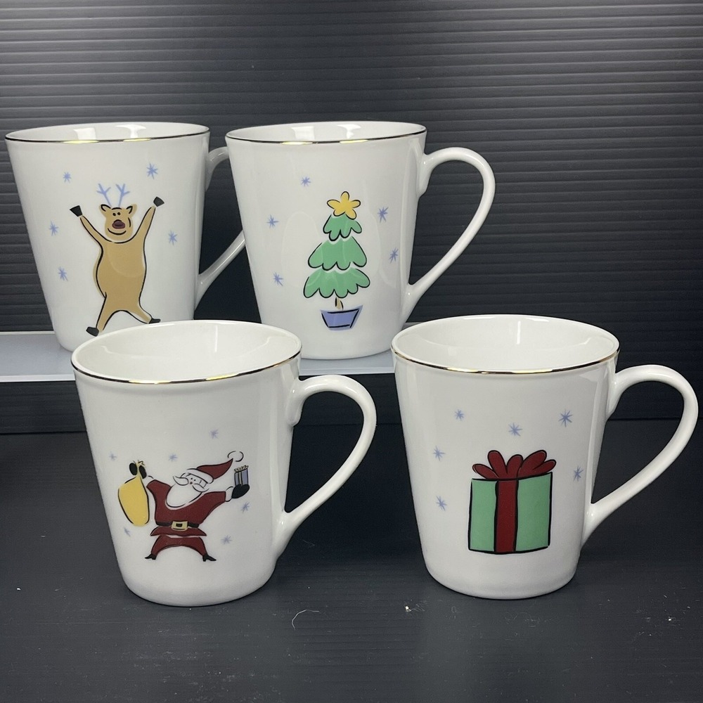 Merry Brite MB Christmas Coffee Cup Mug Lot 4 Santa Reindeer Tree Gift